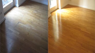 Vergleich Fußbodenreinigung vorher / nachher eines Parkettbodens